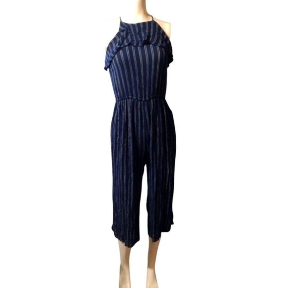 Navy Gray Pinstripe Jumpsuit Romper Aeropostale Size XS Adjustable & Elastic - Picture 1 of 8